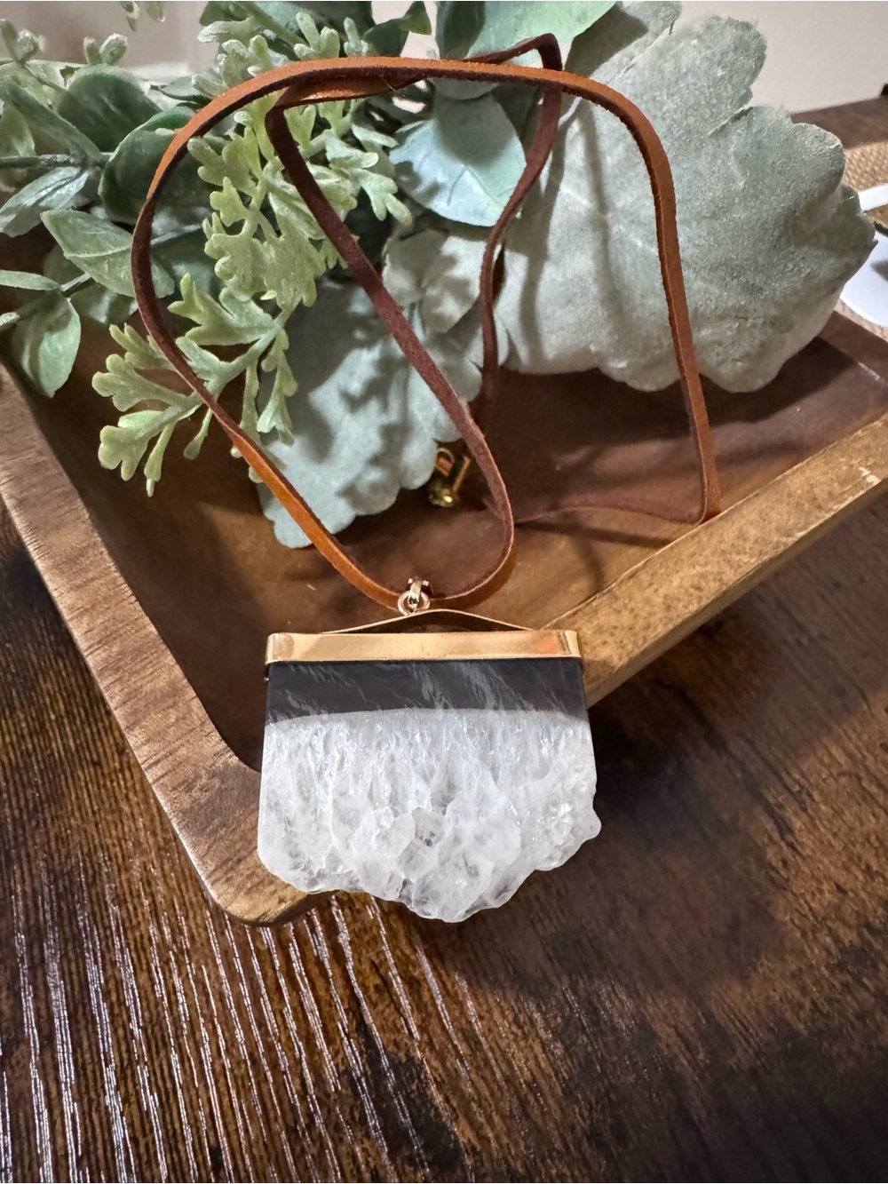 Bohemian Gold & Brown Leather Pendant Necklace with White Crystal